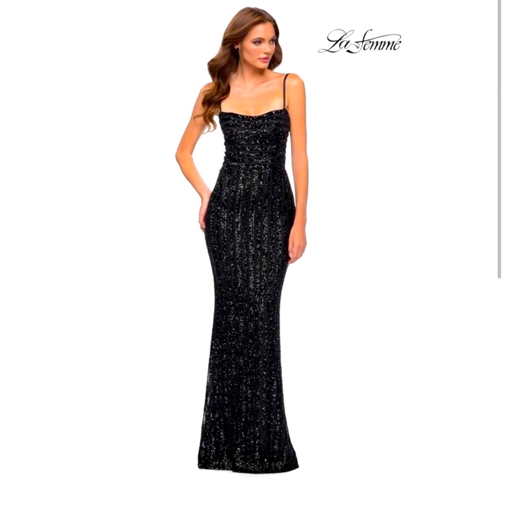 La Femme Long striped pattern sequin gown
NWT Size 14 black